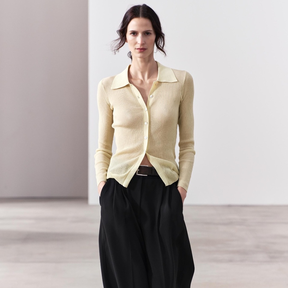 Zara yellow ribbed cardigan with collar